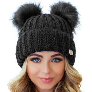 Women Black 2 Pom Cable Knit Winter Warm Fleece Hat Wool Snow Cuff Ski Cap